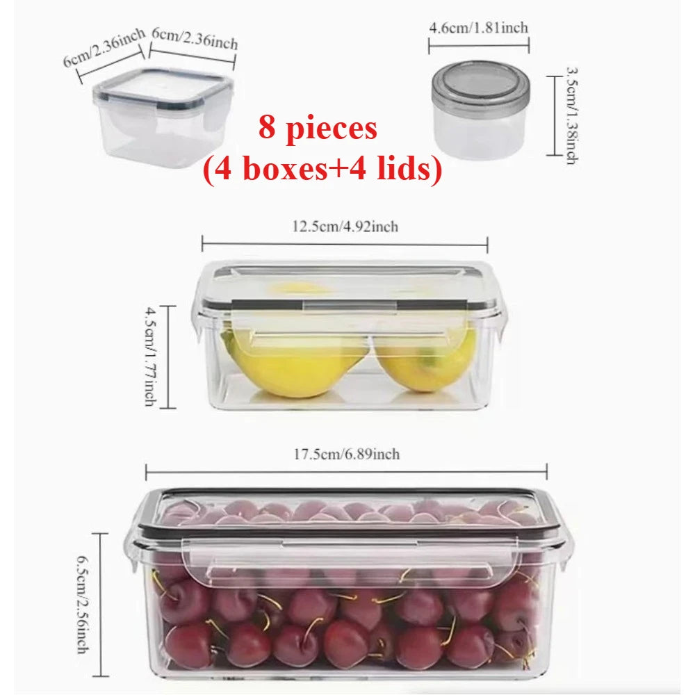 Conjunto de 8 peças, incluindo 4 recipientes transparentes e 4 tampas de encaixe, caixa organizadora hermética para alimentos, geladeira, cozinha, confeitaria e camping.